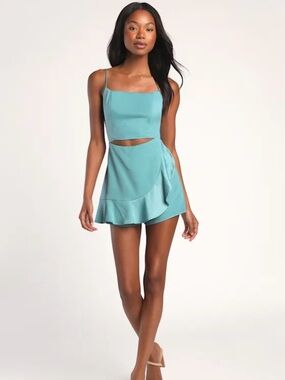 Lulu's Cutout All Night Teal Blue Satin Cutout Sleeveless‎ Skort Romper Size M